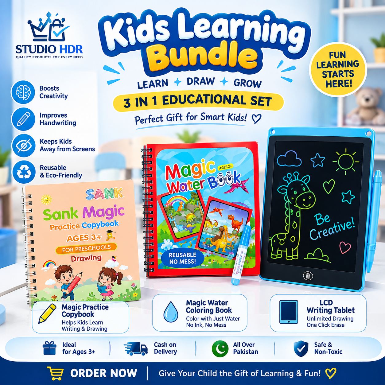 PK Azadi Mega Learning Bundle – LCD Writing Tablet + Magic Practice Copybook + Magic Water Book | 3-in-1 Kids Educational Set