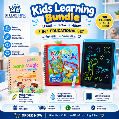 PK Azadi Mega Learning Bundle – LCD Writing Tablet + Magic Practice Copybook + Magic Water Book | 3-in-1 Kids Educational Set