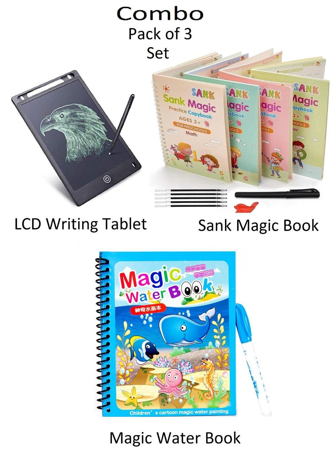 PK Azadi Mega Learning Bundle – LCD Writing Tablet + Magic Practice Copybook + Magic Water Book | 3-in-1 Kids Educational Set