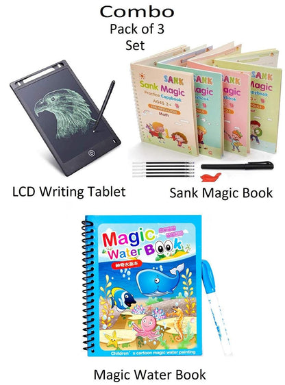 PK Azadi Mega Learning Bundle – LCD Writing Tablet + Magic Practice Copybook + Magic Water Book | 3-in-1 Kids Educational Set