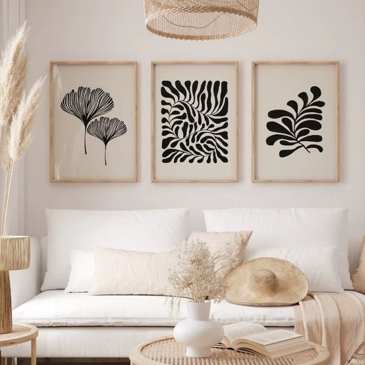 Minimalist Boho Botanical Canvas Wall Art Prints – Set of 3 Abstract Black & Beige Plant Leaf Posters for Living Room, Bedroom & Home Decor (Unframed)