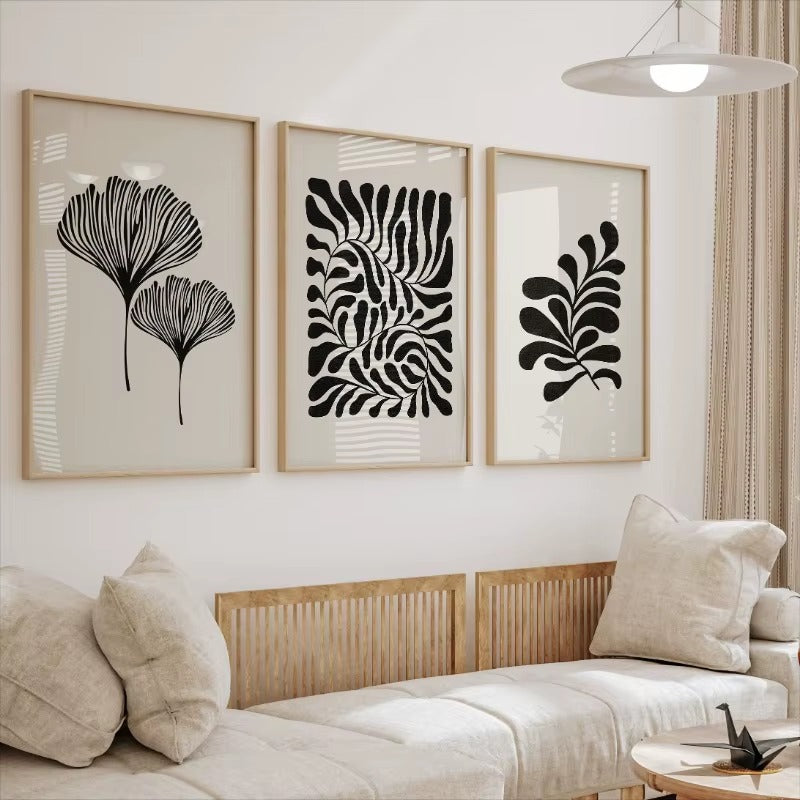 Minimalist Boho Botanical Canvas Wall Art Prints – Set of 3 Abstract Black & Beige Plant Leaf Posters for Living Room, Bedroom & Home Decor (Unframed)