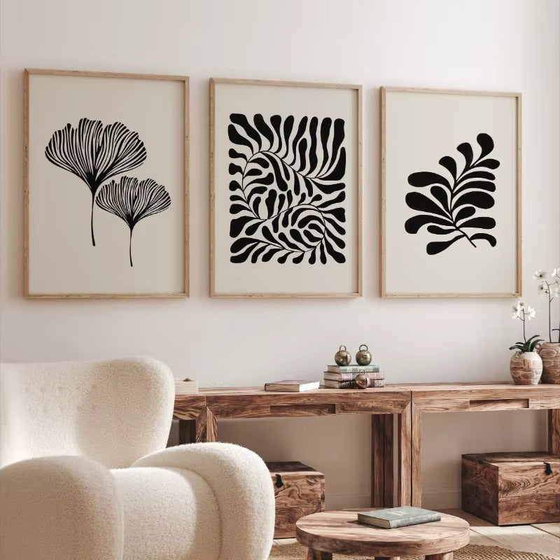 Minimalist Boho Botanical Canvas Wall Art Prints – Set of 3 Abstract Black & Beige Plant Leaf Posters for Living Room, Bedroom & Home Decor (Unframed)