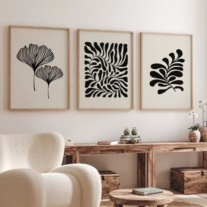 Minimalist Boho Botanical Canvas Wall Art Prints – Set of 3 Abstract Black & Beige Plant Leaf Posters for Living Room, Bedroom & Home Decor (Unframed)