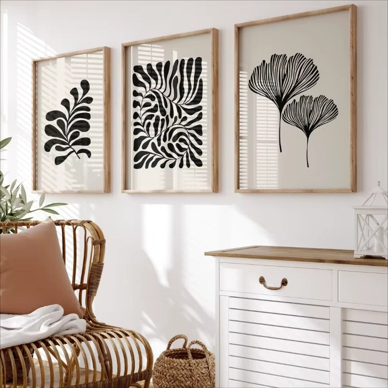 Minimalist Boho Botanical Canvas Wall Art Prints – Set of 3 Abstract Black & Beige Plant Leaf Posters for Living Room, Bedroom & Home Decor (Unframed)